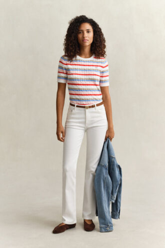 Striped Cable Knit Short Sleeve Sweater